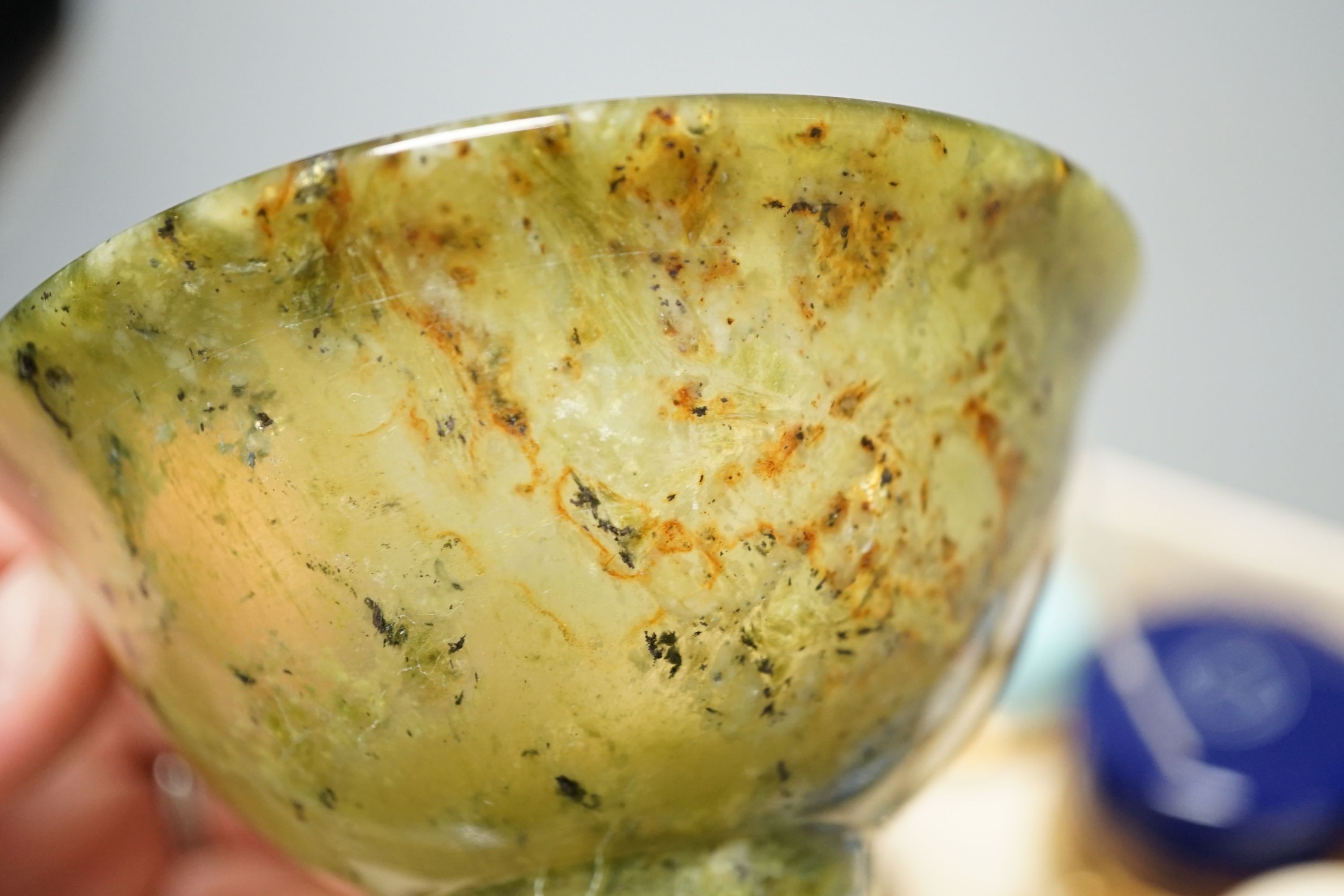 Mixed group of Halcyon days enamel boxes and a green Hardstone bowl